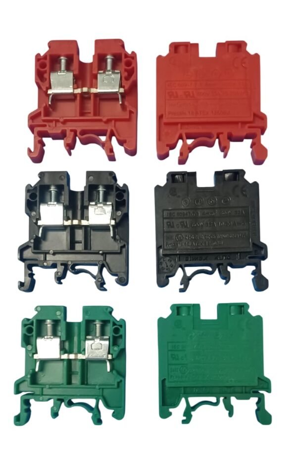 KUT 4 TERMINALS FOR DIN RAIL PANEL RED 10 NOS, BLACK 10 NOS AND GREEN 5 NOS COMBO of 25 nos Elmex make 800V/32A/4 sqmm/ 0.5Nm DIN Rail Terminal Blocks, 4mm Screw Type, - Image 7